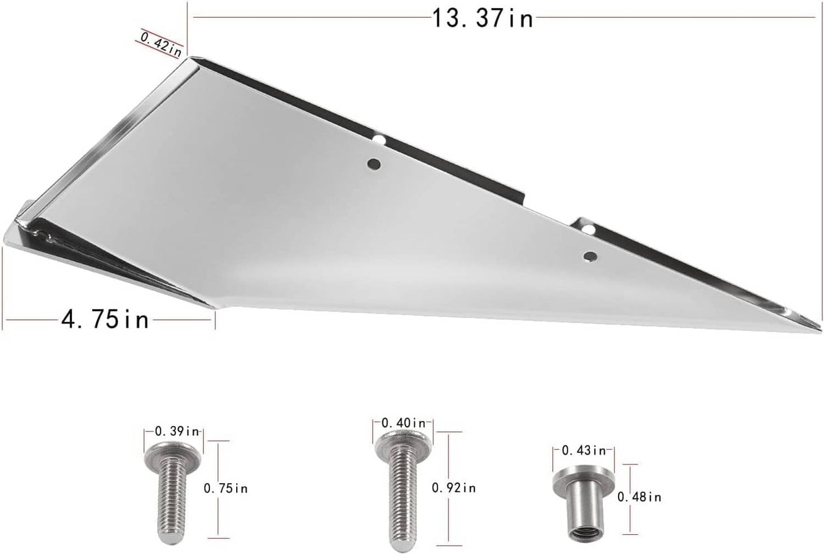 Silver skeg guard protector with measurements and mounting bolt hardware