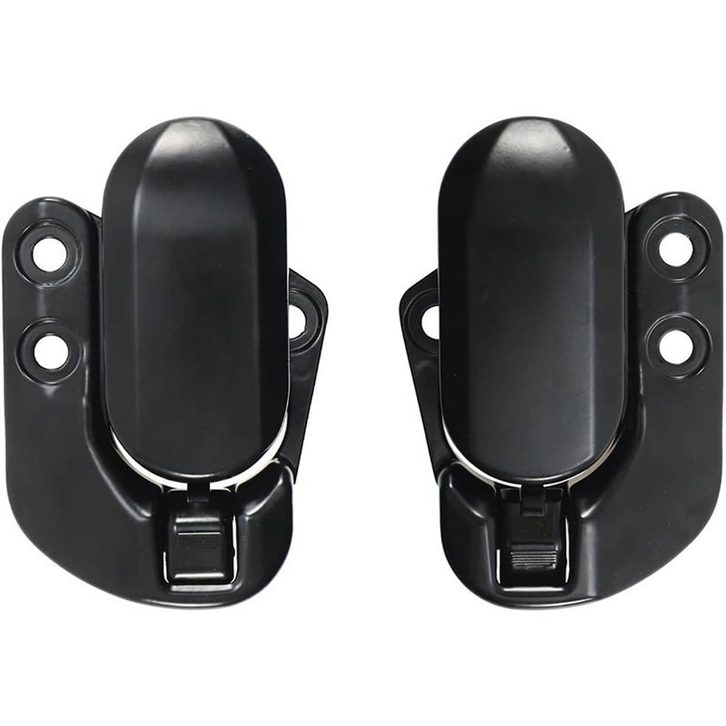 Pair of black soft-top roof latch locks with rounded covers and two mounting holes each