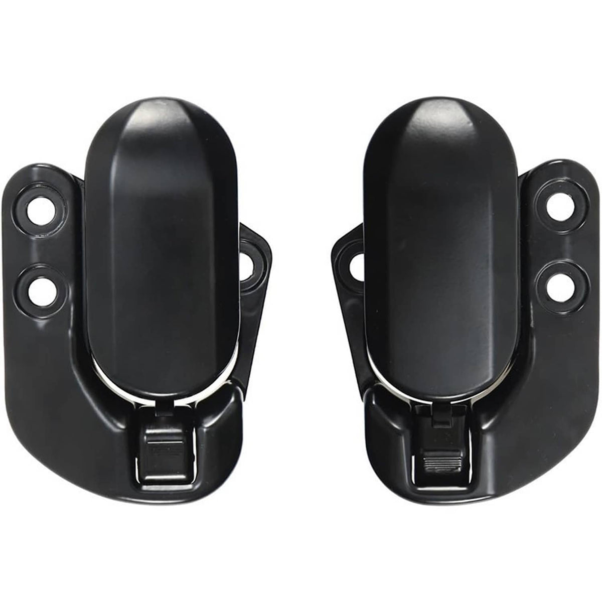 Pair of black soft-top roof latch locks with rounded covers and two mounting holes each