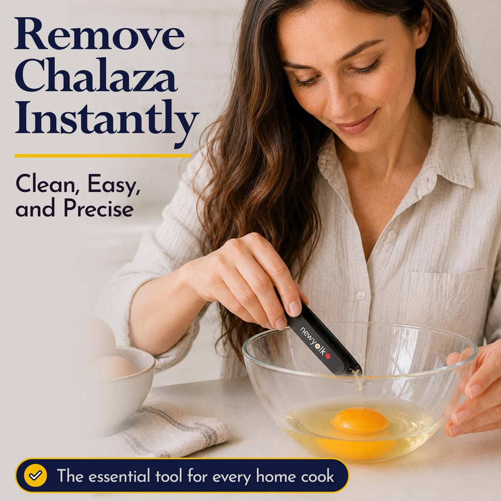 Black egg chalaza remover tool held over a glass bowl with a whole egg
