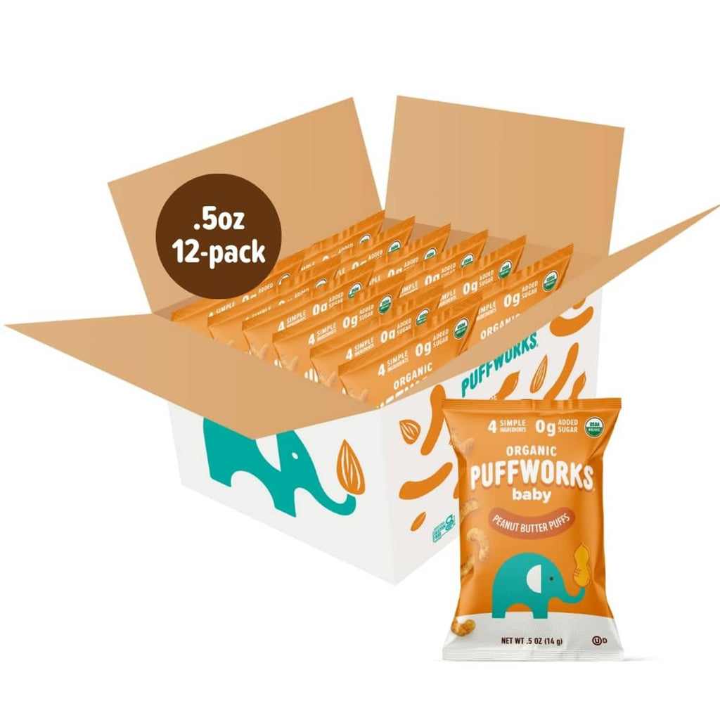 Pack of Puffworks baby peanut butter puff pouches in a carton, plus one pouch