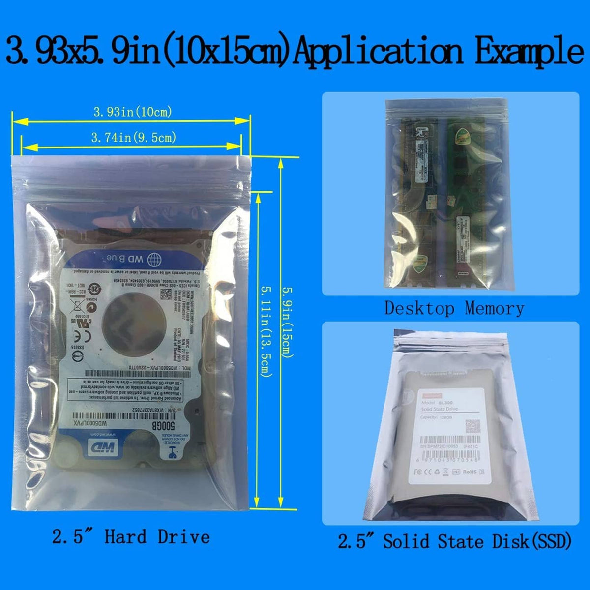 Anti-static bag holding desktop memory and SSD, clear ESD packaging