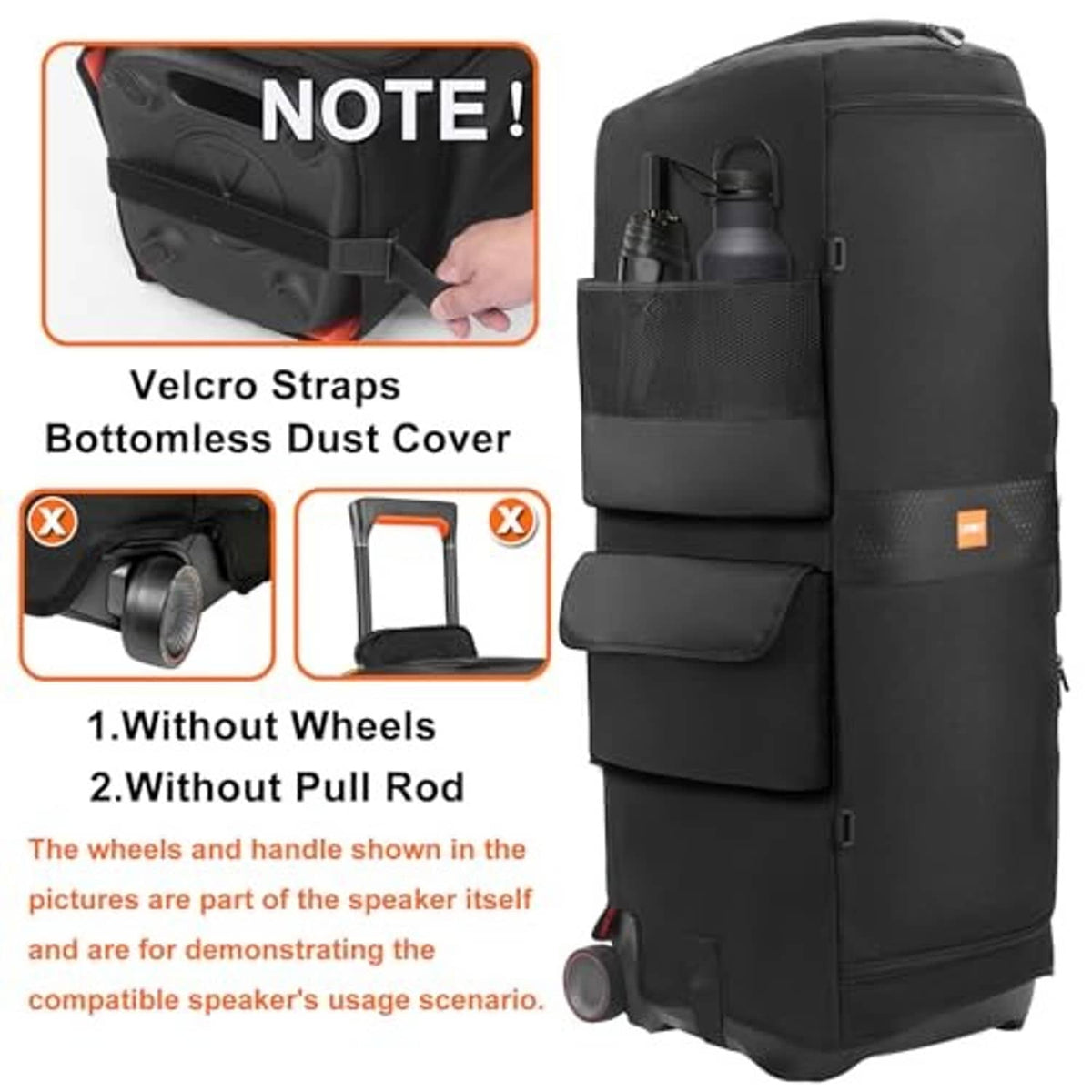 Black speaker case with Velcro straps and bottom dust cover