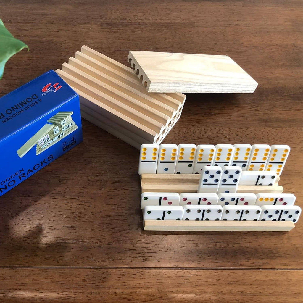 Wooden domino rack set with slotted trays and white domino tiles, plus box packaging