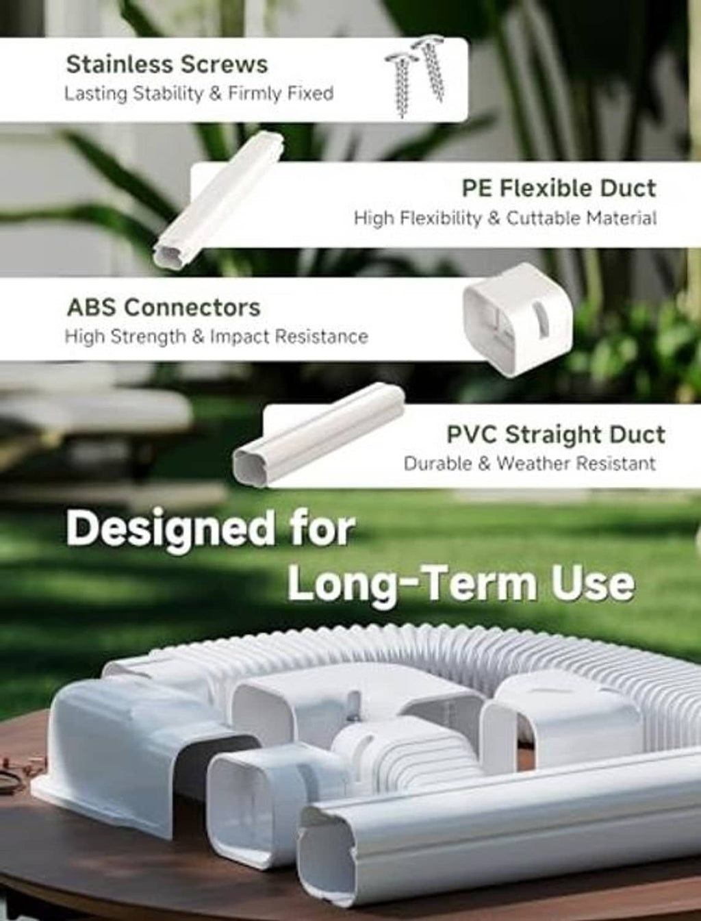 Mini split line set cover accessories shown with flexible duct, ABS connectors, and PVC ducts