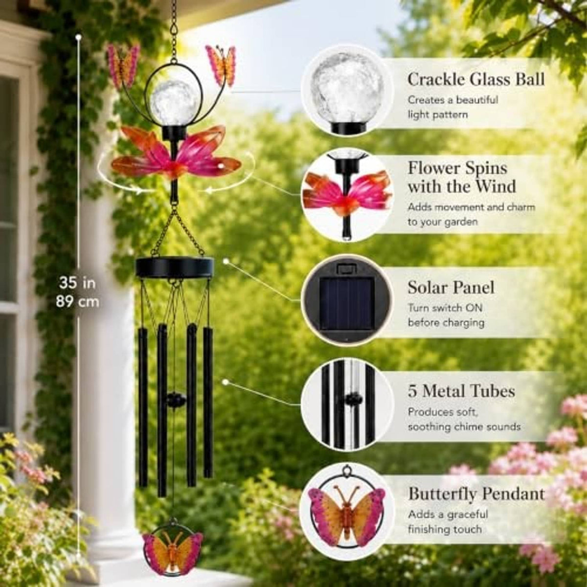 Solar wind chime product diagram showing crackle globe, solar panel, and five metal tubes