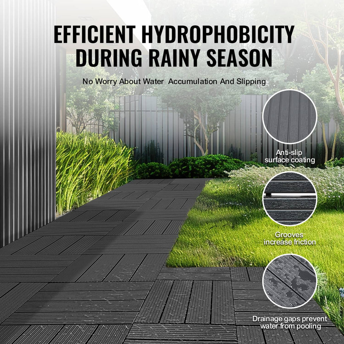 Dark grey deck tiles with textured grooves for grip and drainage channels