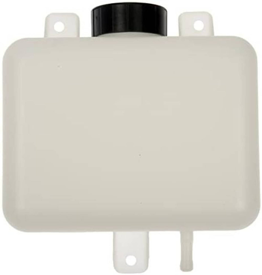 White fluid reservoir tank with black cap and side mounting holes
