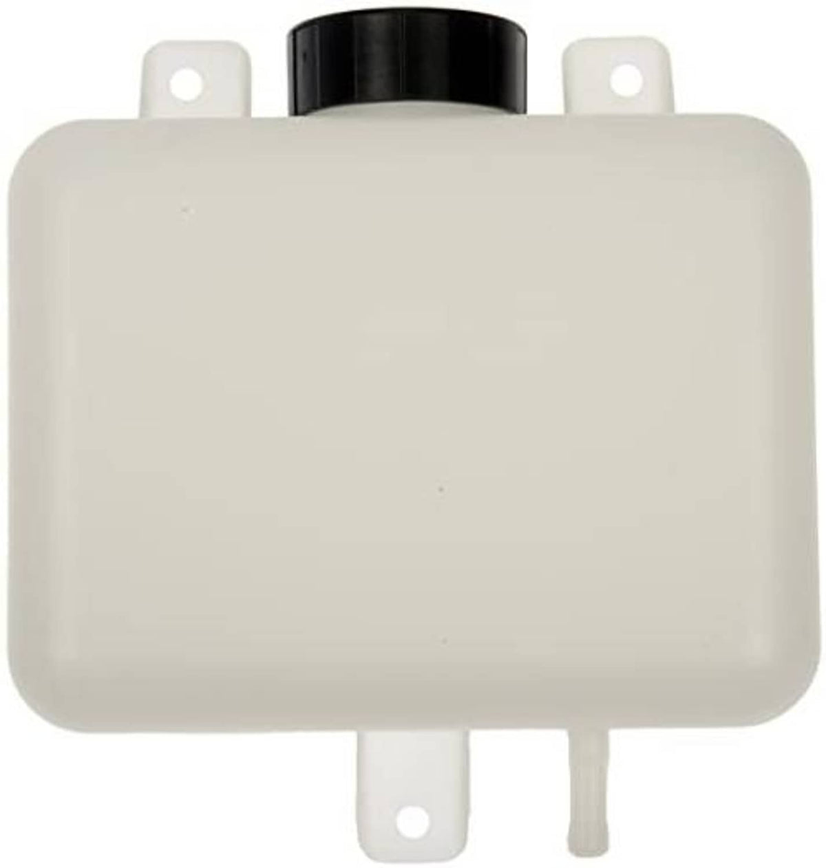 White fluid reservoir tank with black cap and side mounting holes
