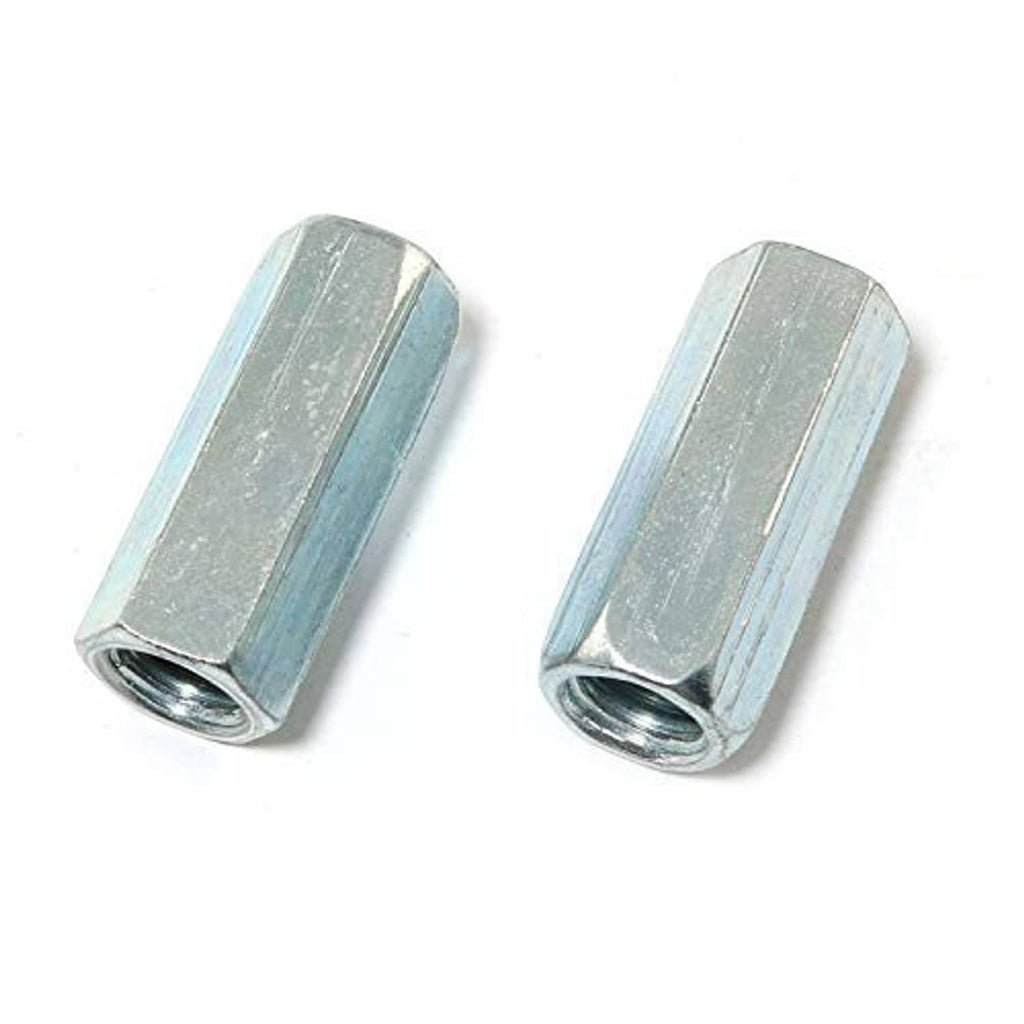 Pair of M8 hex coupling nuts, silver female-threaded straight rod sleeves