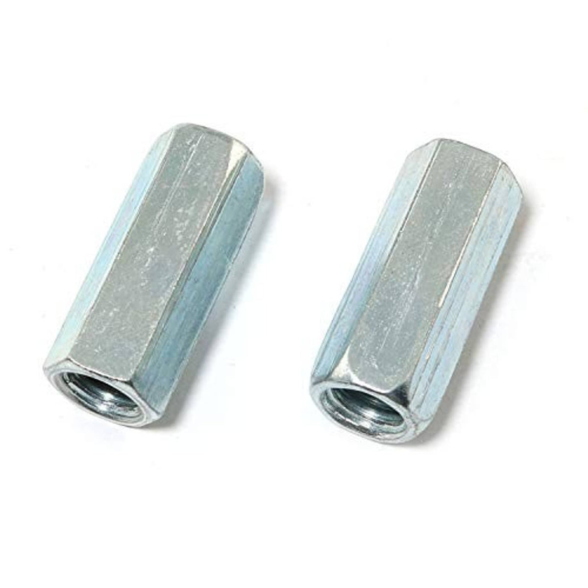 Pair of M8 hex coupling nuts, silver female-threaded straight rod sleeves