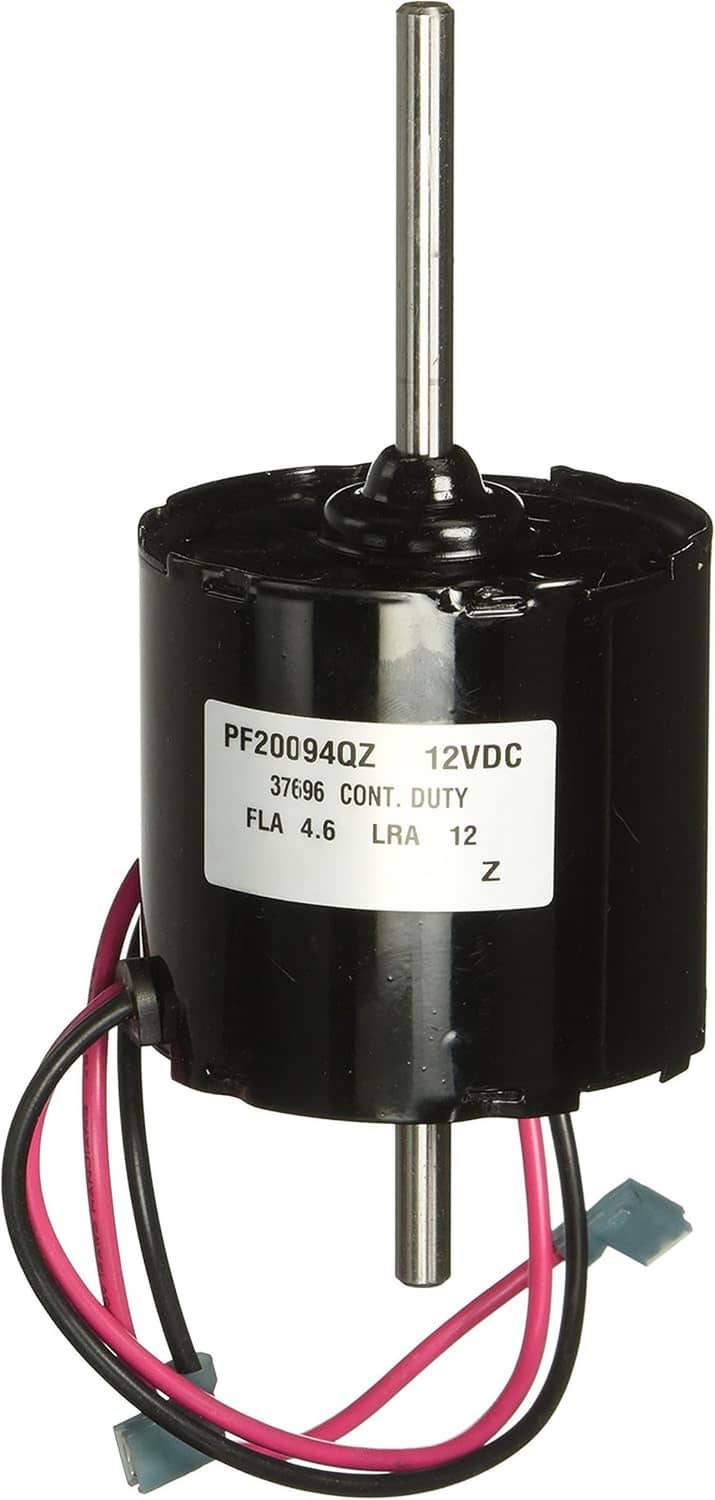 Black cylindrical motor with metal output shaft and multi-wire pigtail