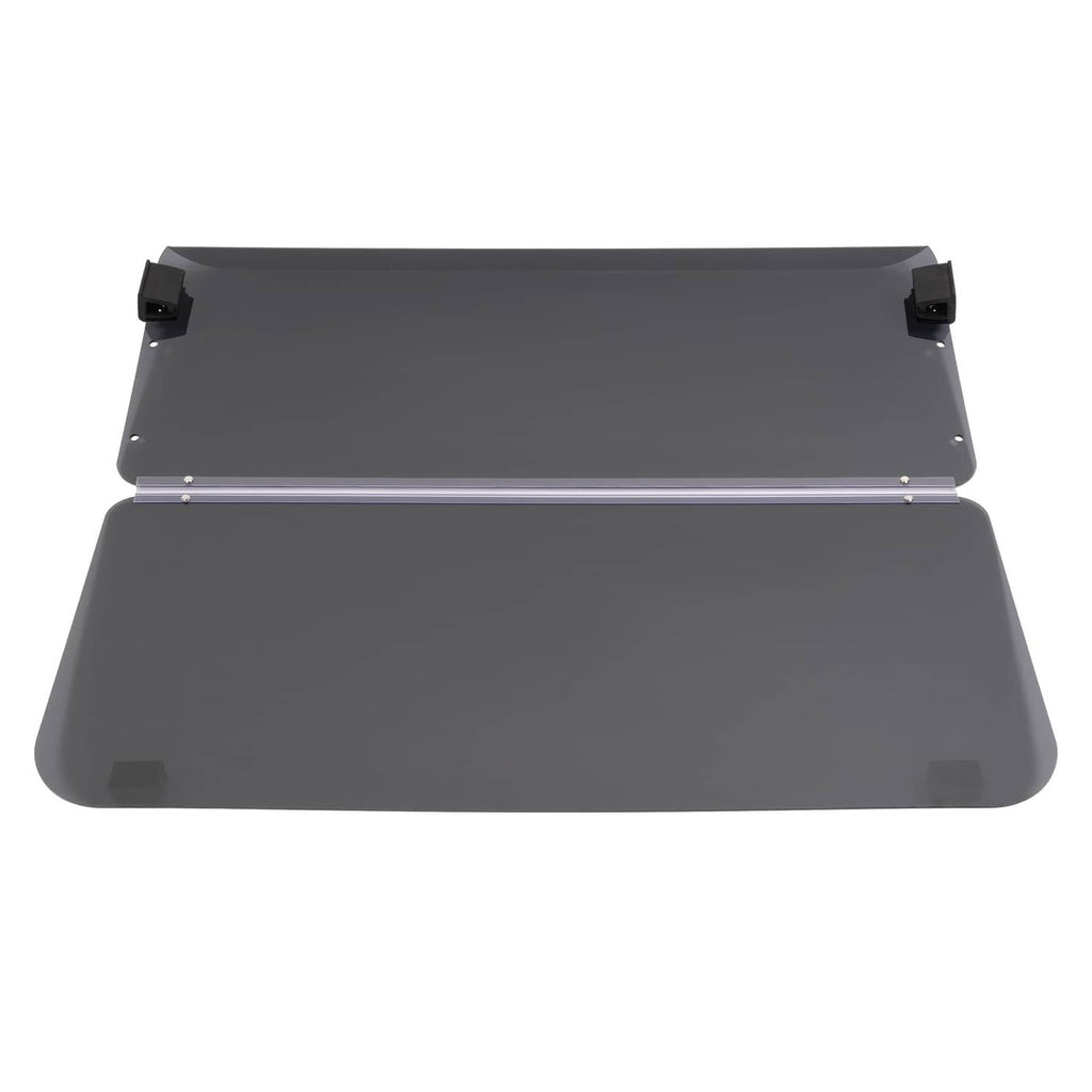 Tinted fold-down windshield for golf cart, dark gray, open with mounting hardware visible