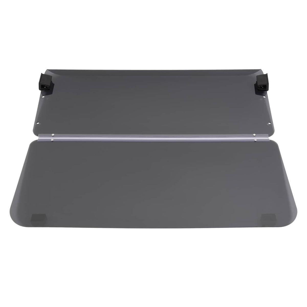 Tinted fold-down windshield for golf cart, dark gray, open with mounting hardware visible