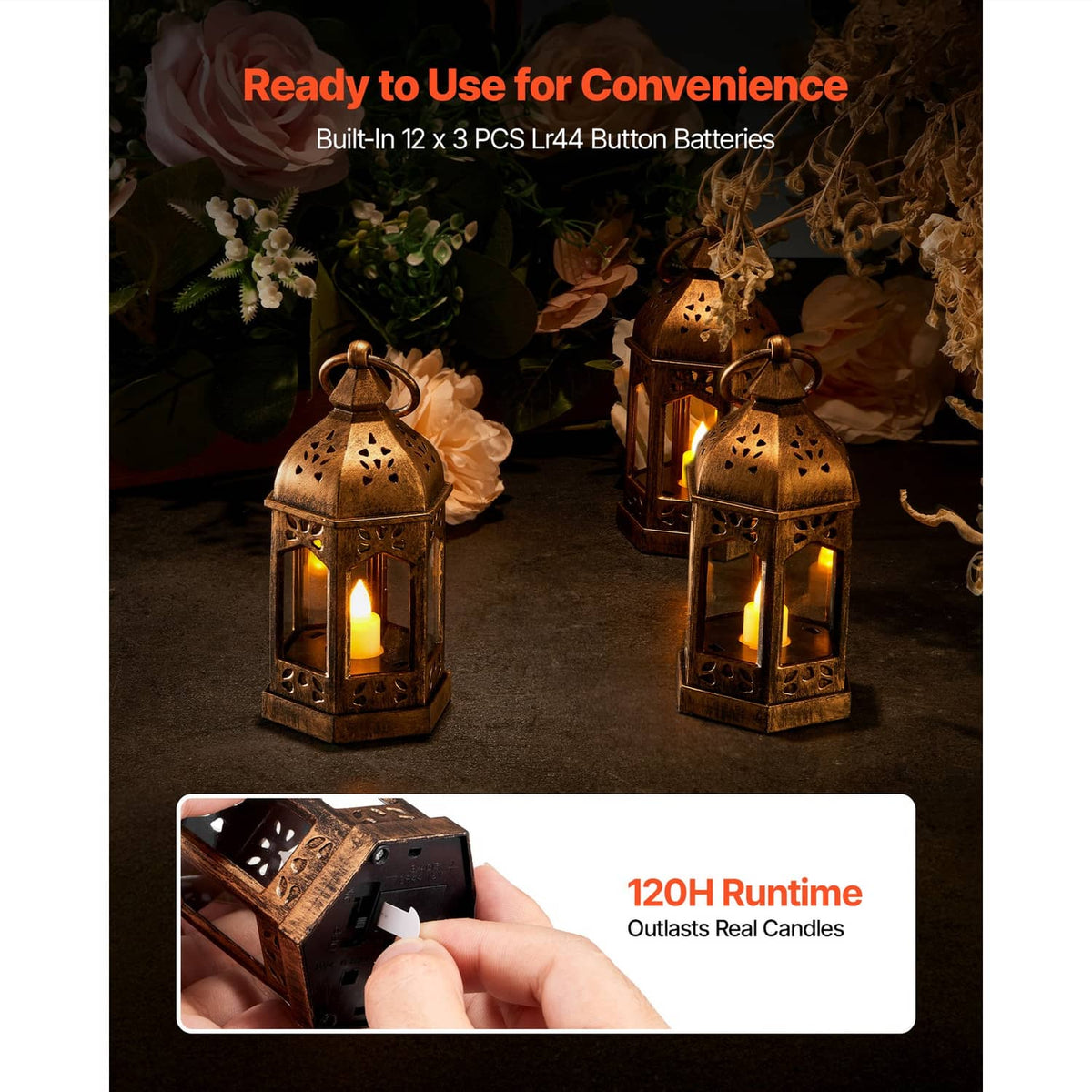 Bronze LED flameless candle lanterns with warm glow among flowers and leaves