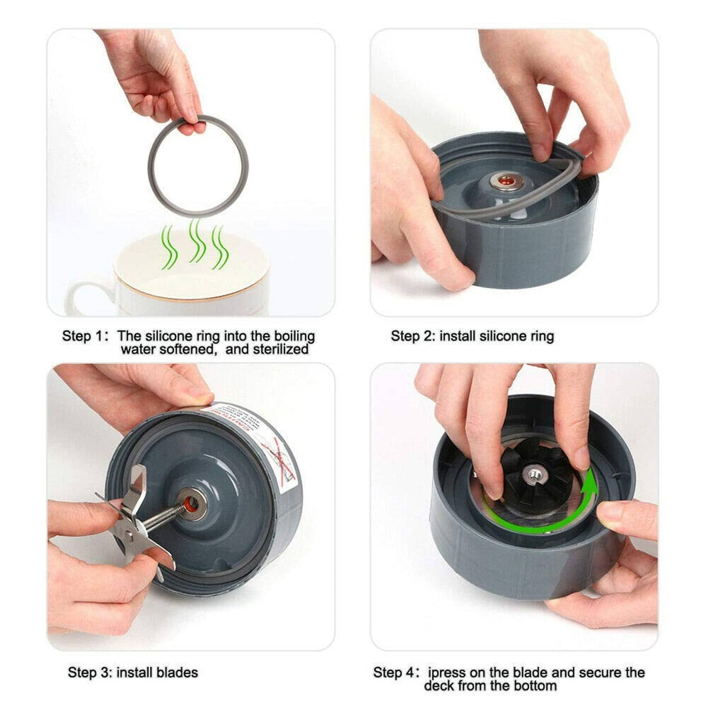 Installing silicone ring and blades on blender base with step-by-step hands