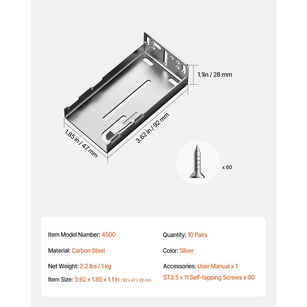 Side-mount drawer slide bracket with dimensions and included screws count