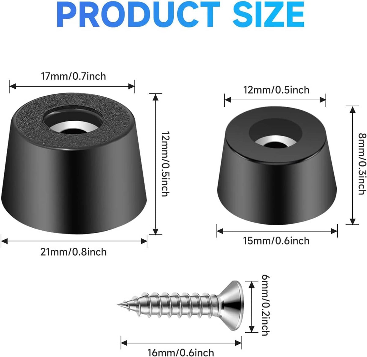 Black rubber cutting board feet with screw size diagram and included stainless screws
