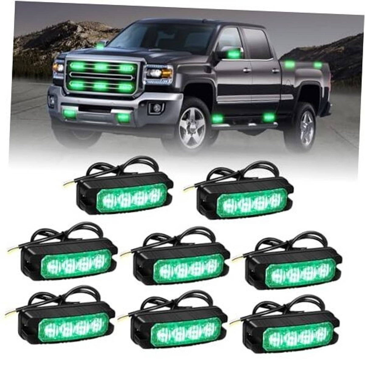 8-piece green LED strobe grille light bars in black housings with wiring