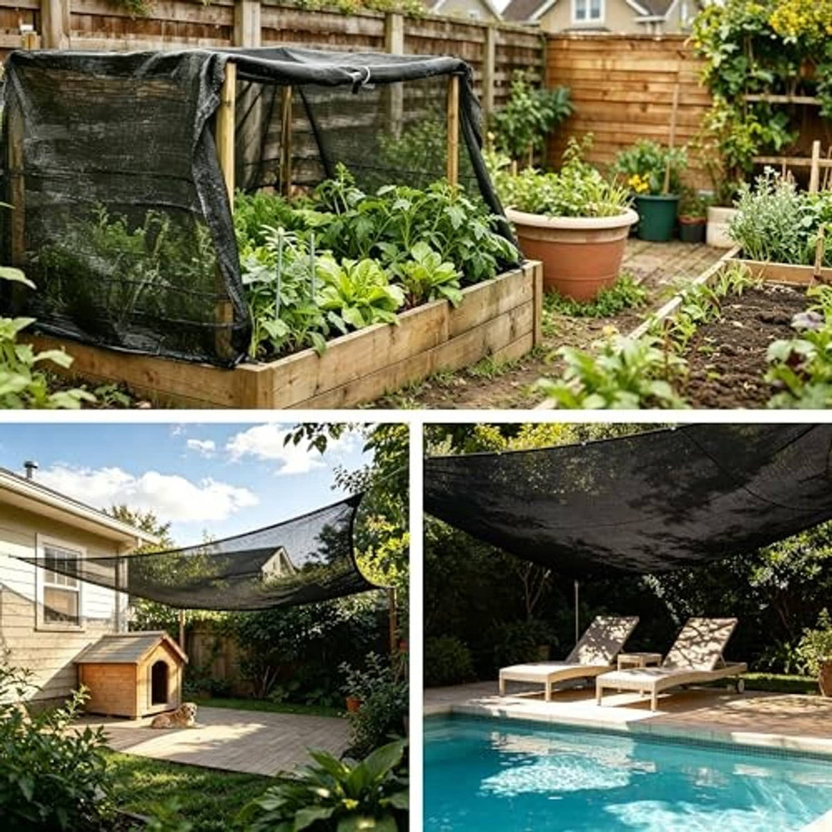 Dark woven sun shade cloth stretched across outdoor garden and seating area frame