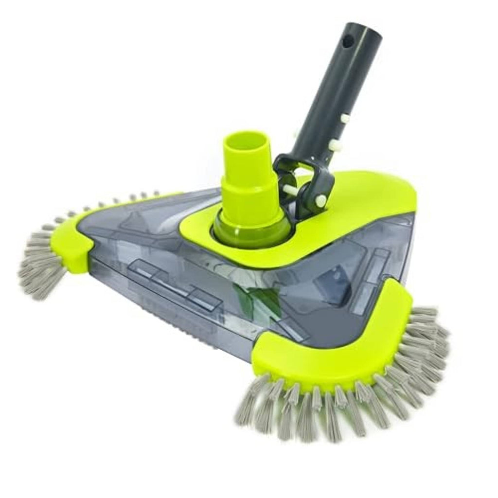 Pool vacuum head with side brush, gray bristles and green rotating hose connector