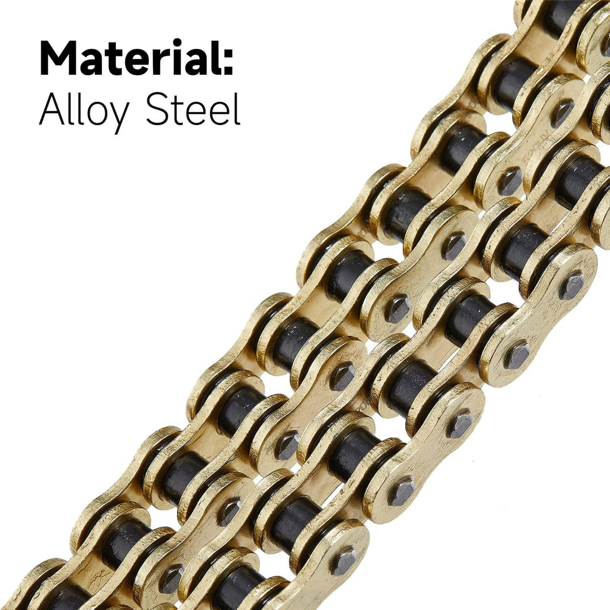 Alloy steel motorcycle chain close-up with gold-tone O-ring rollers