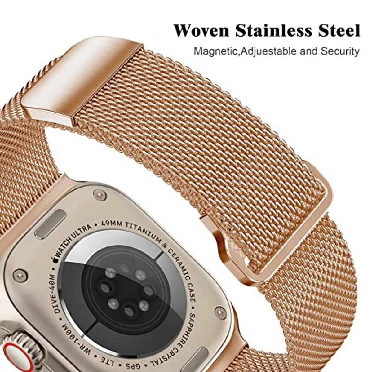 Rose gold woven stainless steel magnetic watch band with adjustable security clasp