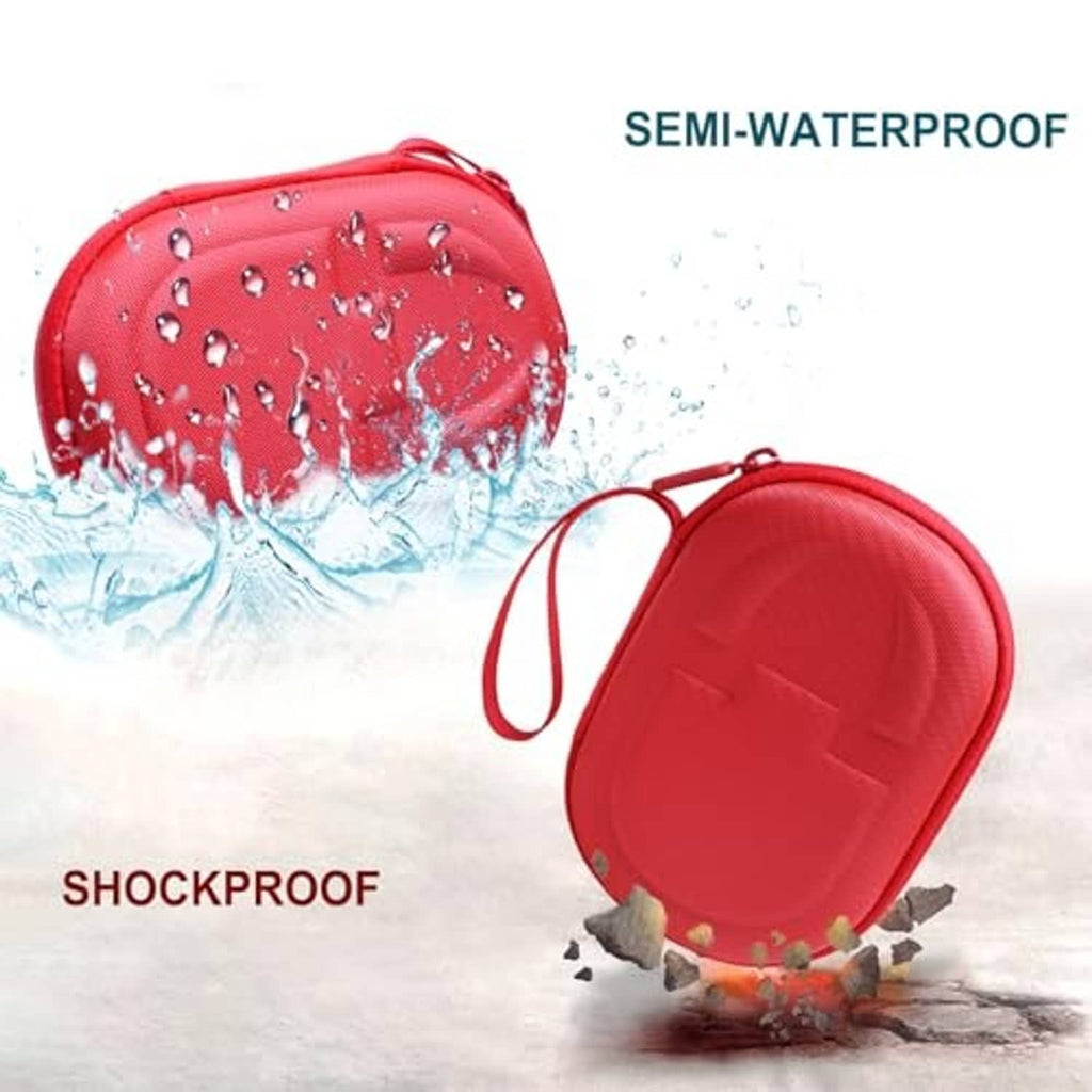 Red speaker case with carry loop shown with water splashes for protection