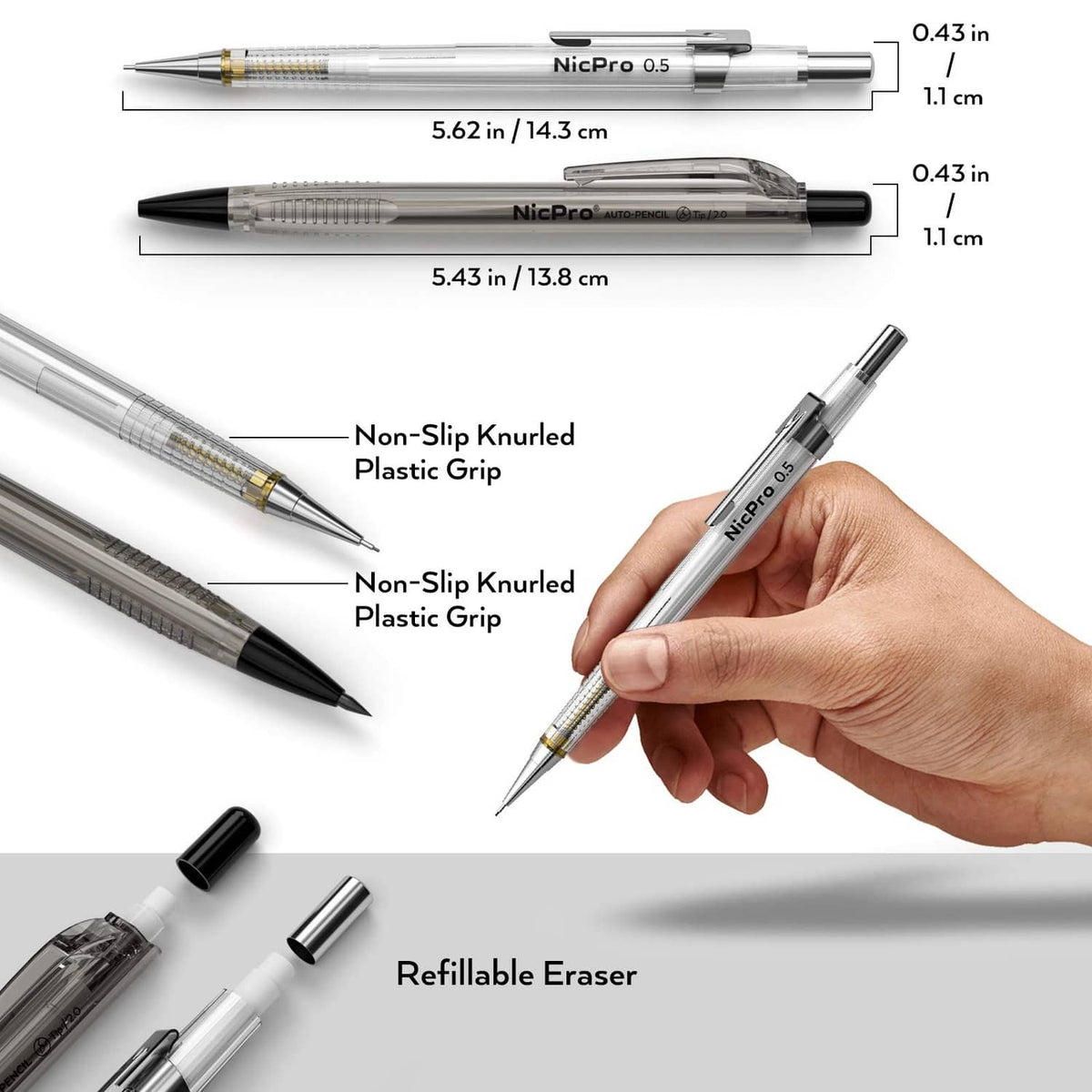Retractable mechanical pencil with non-slip knurled grip, clear barrel, and refillable eraser