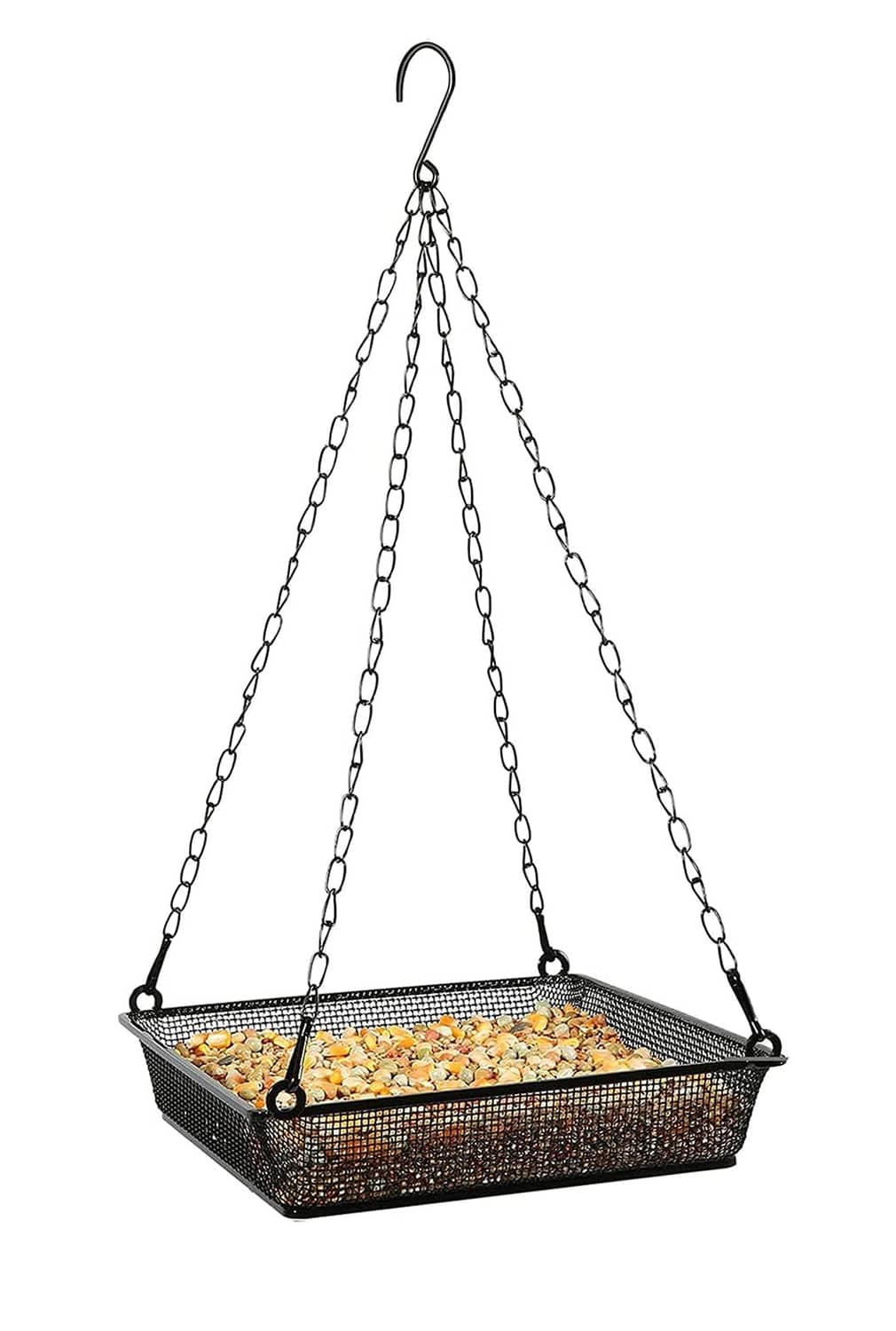 Black hanging bird feeder tray with metal mesh square platform and chains