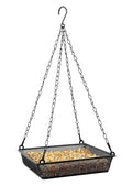 Black hanging bird feeder tray with metal mesh square platform and chains