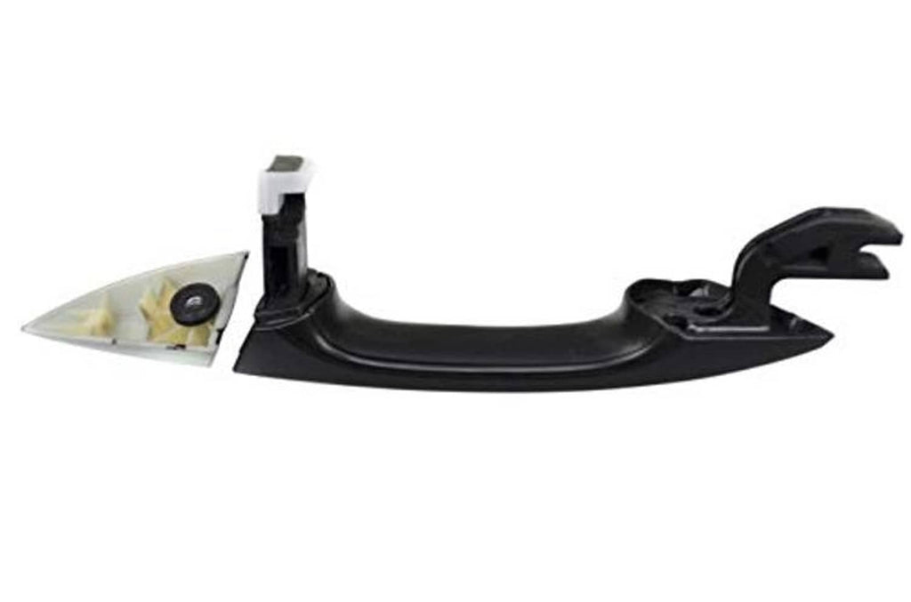 Primed black exterior door handle with pull, plus mounting pieces and trim inserts