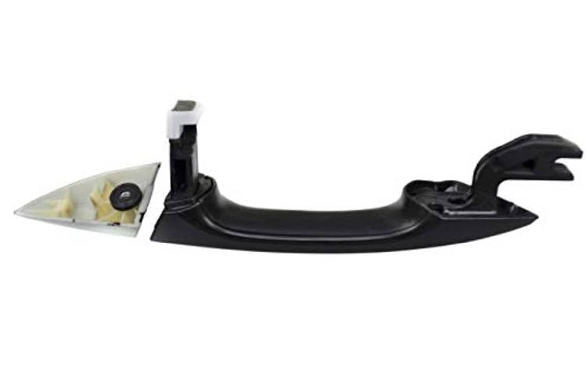 Primed black exterior door handle with pull, plus mounting pieces and trim inserts