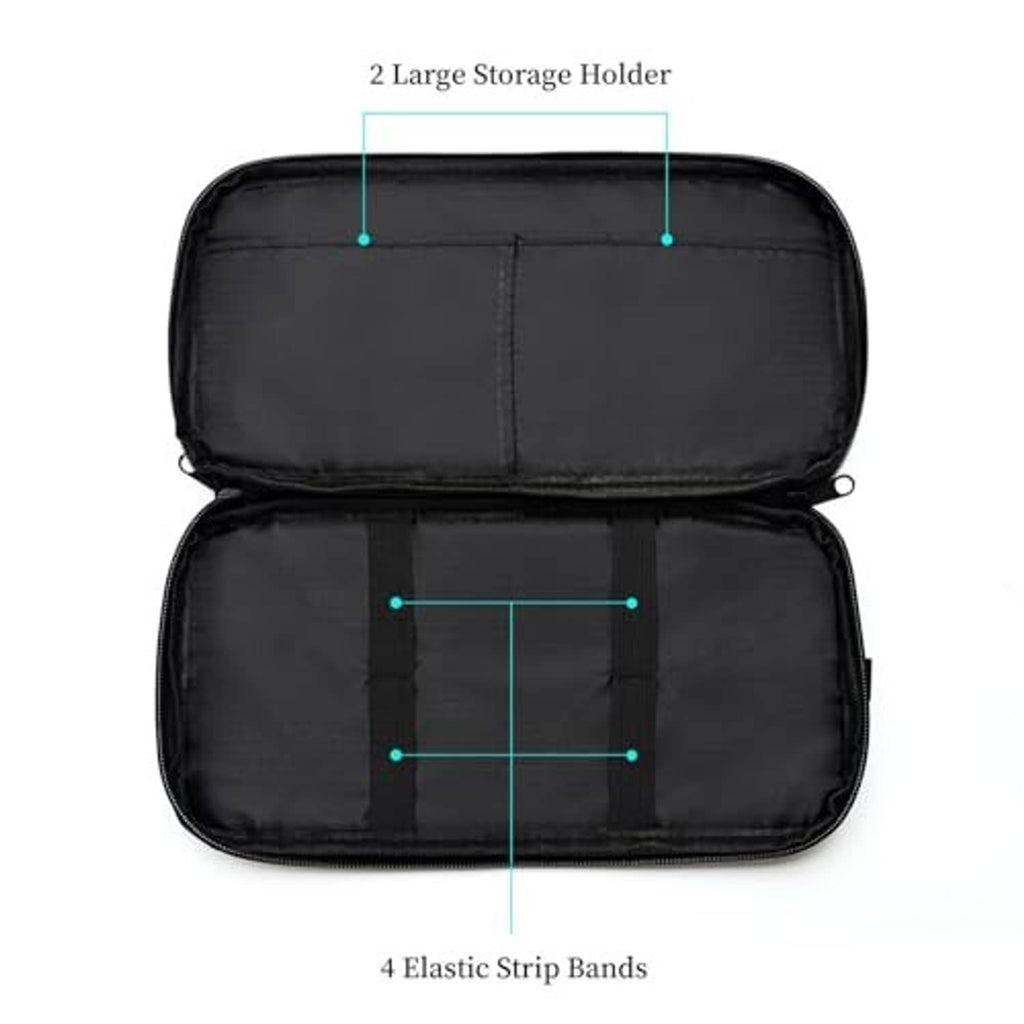 Black zippered visor organizer opened, showing elastic strip bands and inner storage panels