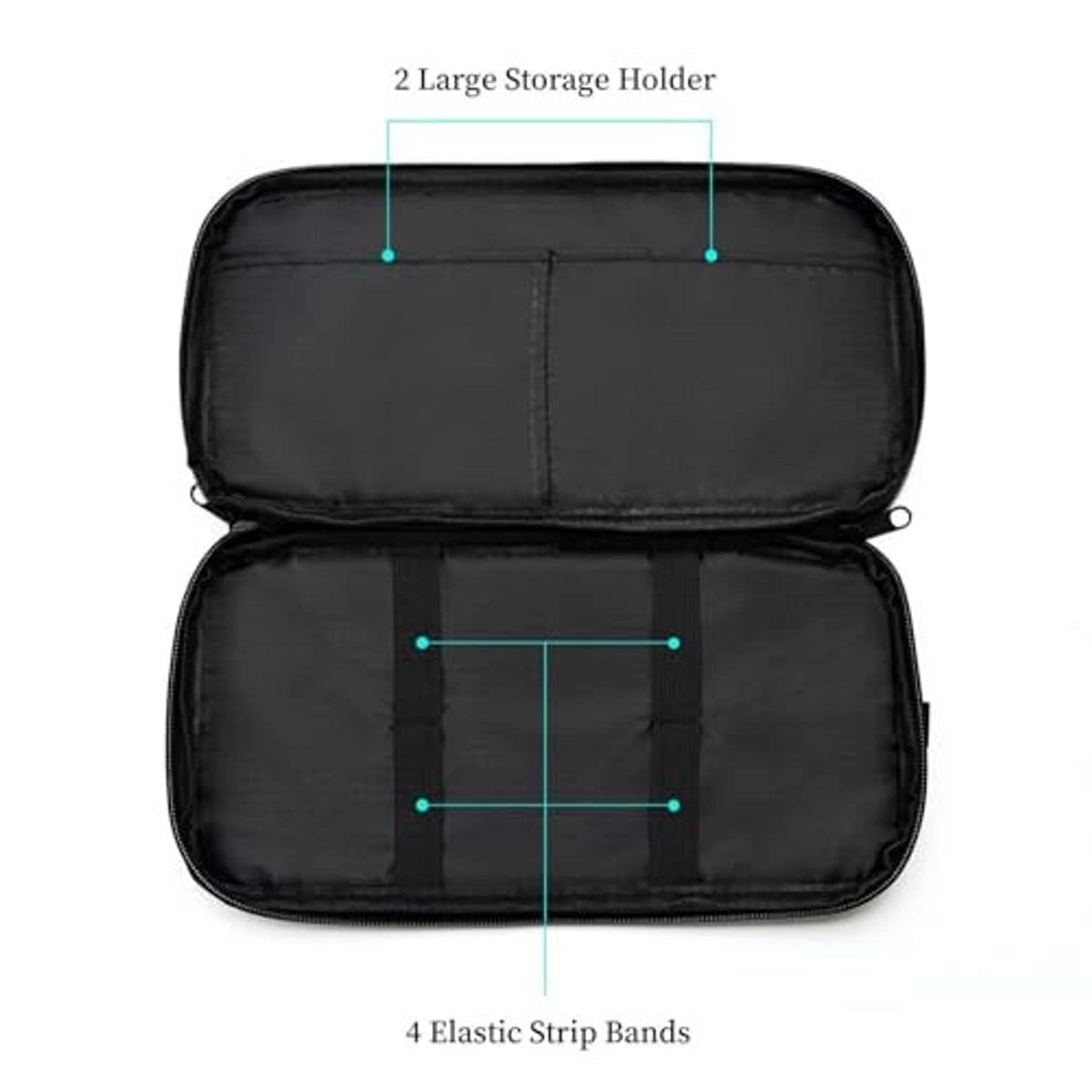 Black zippered visor organizer opened, showing elastic strip bands and inner storage panels