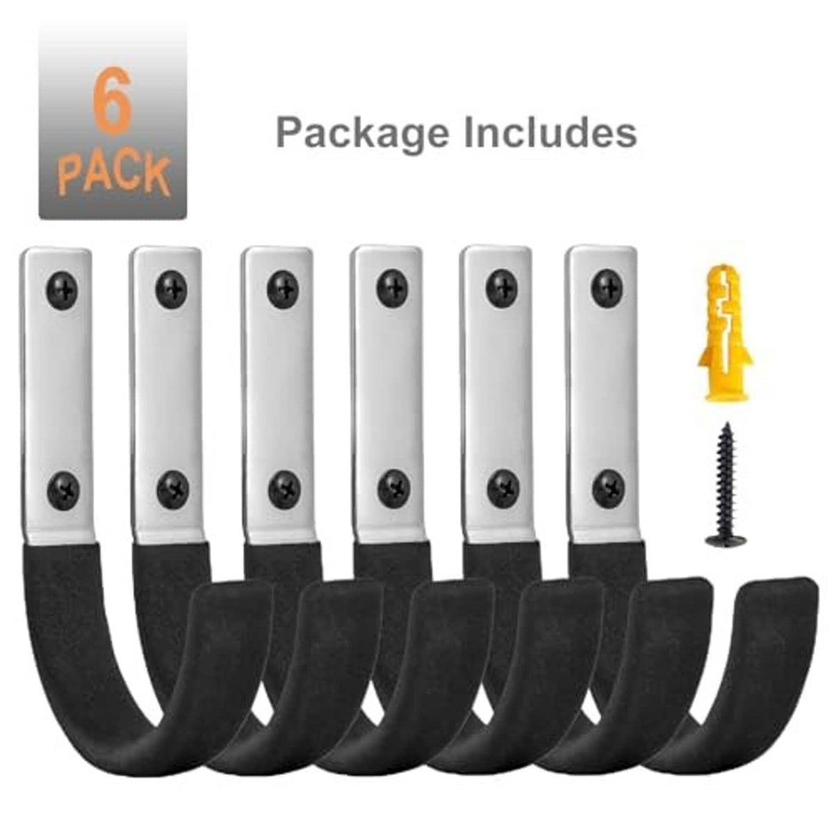 Six-pack utility hook set with black curved hangers, silver plates, and screws