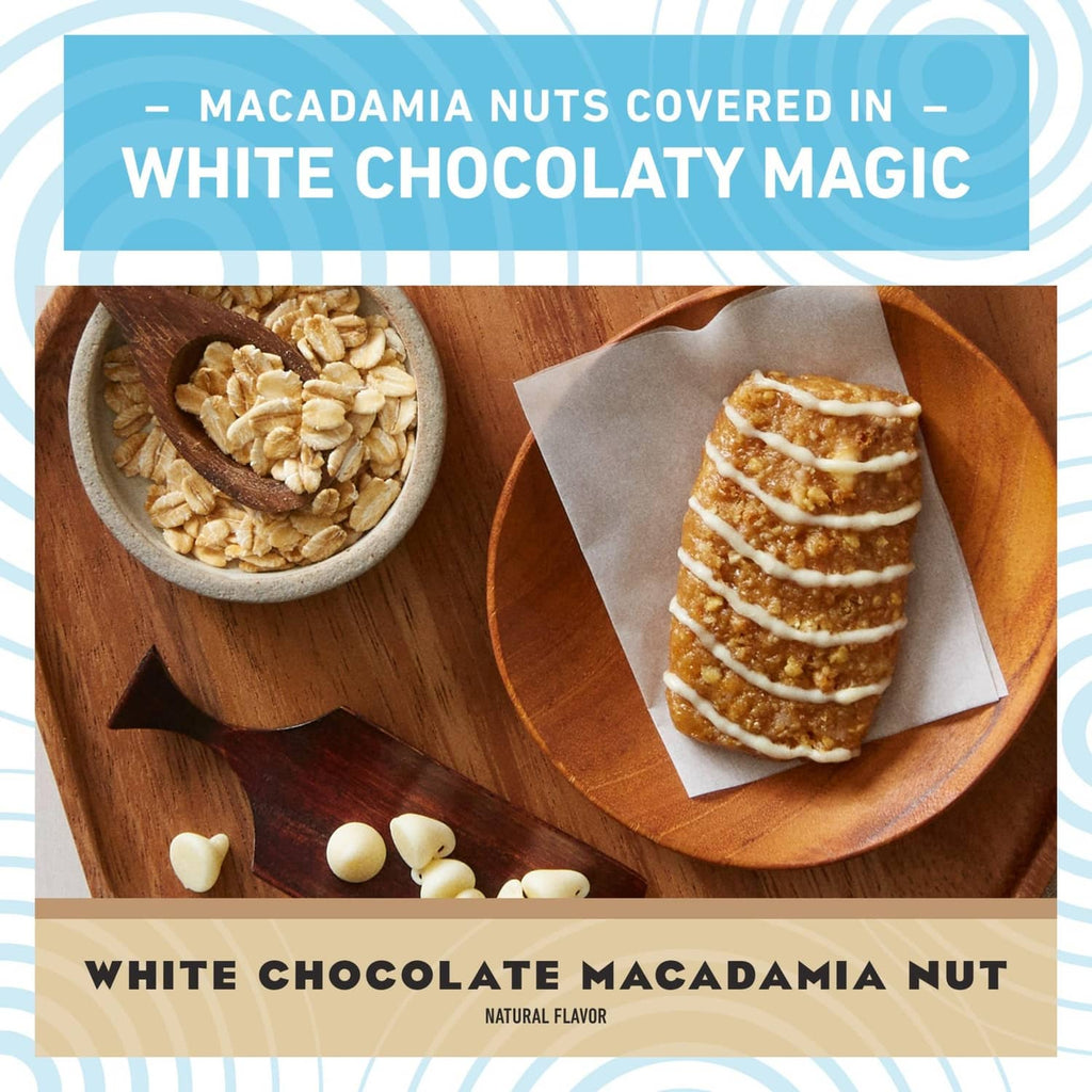 White chocolate macadamia nut energy bar label with stacked mini bars