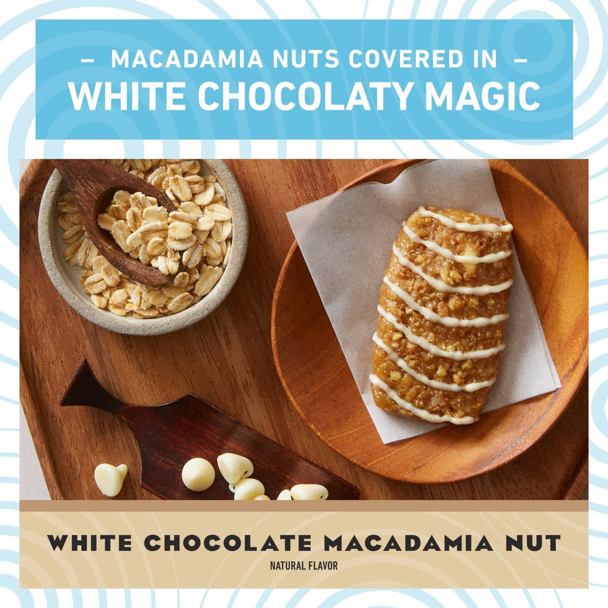White chocolate macadamia nut energy bar label with stacked mini bars