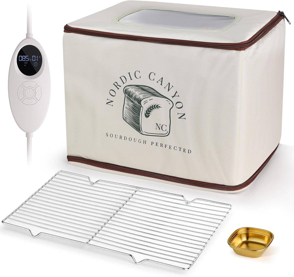Sourdough proofing box with Nordic Canyon logo, digital probe, wire tray and small bowl
