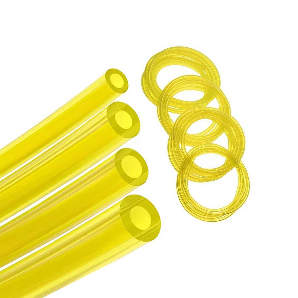 Yellow translucent gas fuel line hose tubing, coiled and cut lengths