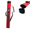 Red and black hard-shell pool cue case with shoulder strap, upright design.