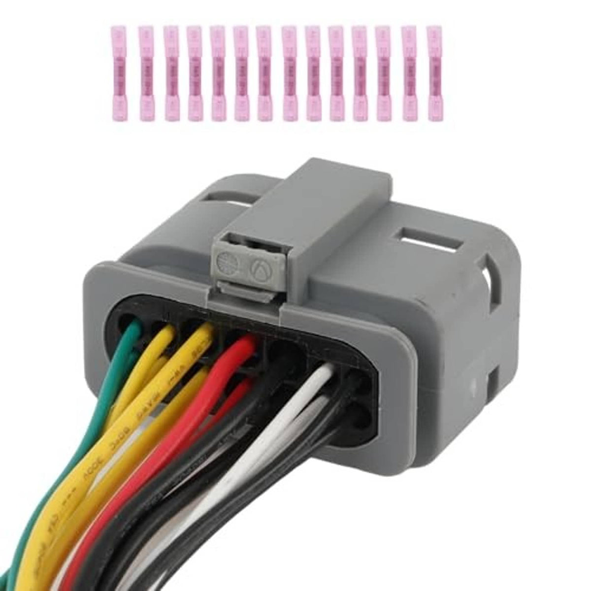 Gray headlight sensor wiring connector with color-coded wire terminals in opening