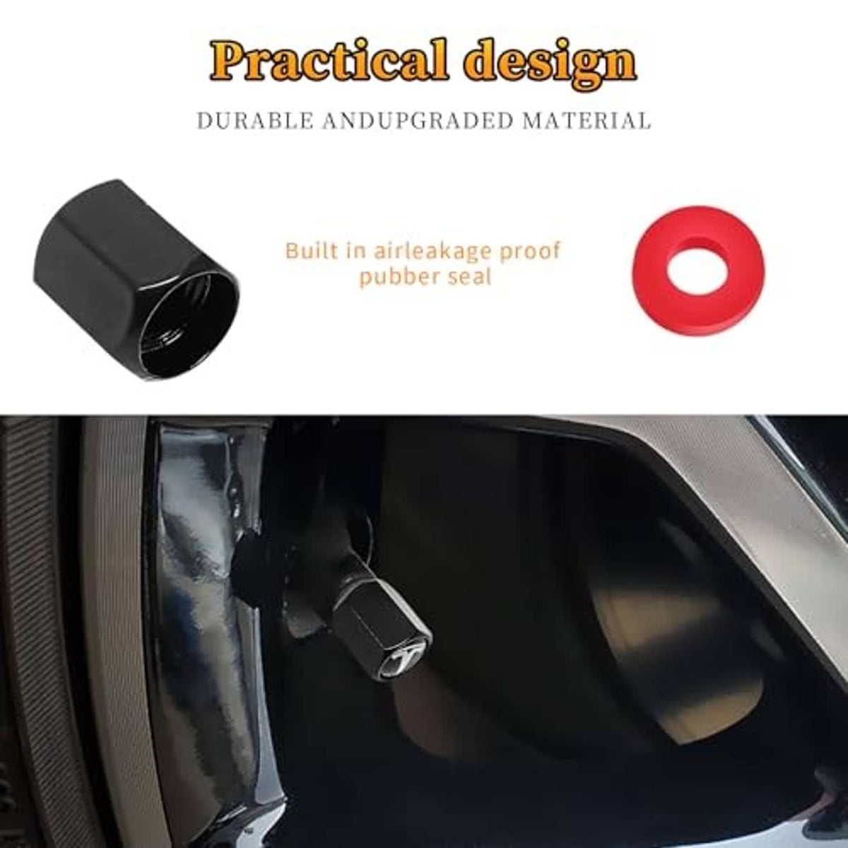 Black tire valve stem cap with white logo plus visible rubber seal on the end