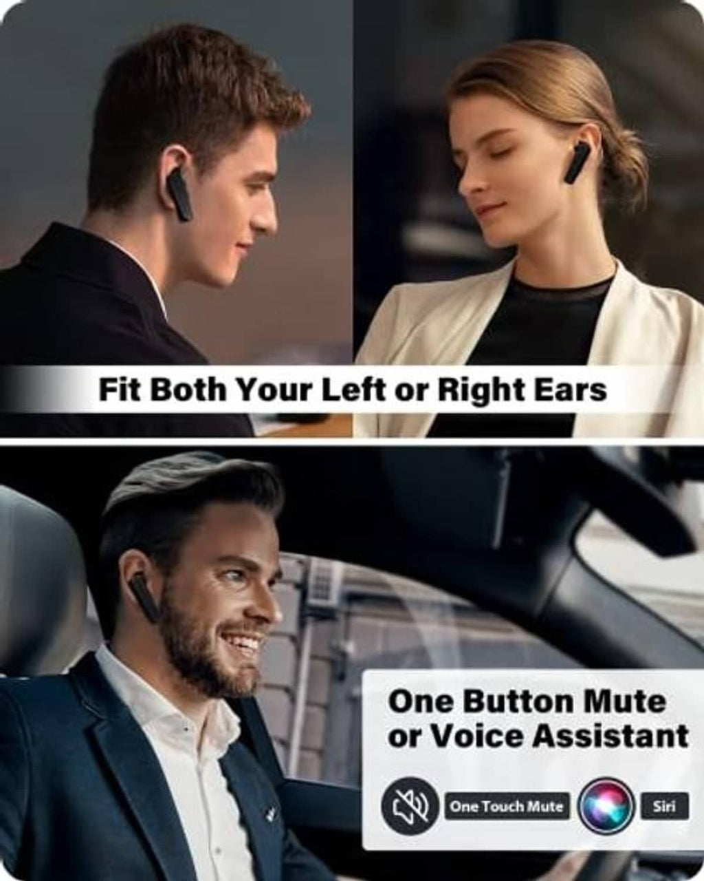 Black wireless earpiece headset worn on left or right ear for calls.