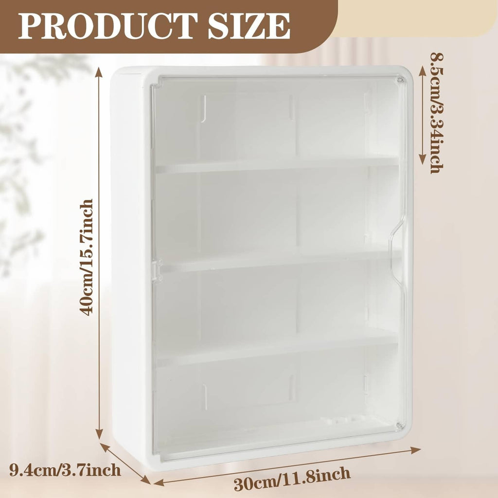 Wall-mounted clear display case with white frame and four-tier interior shelves