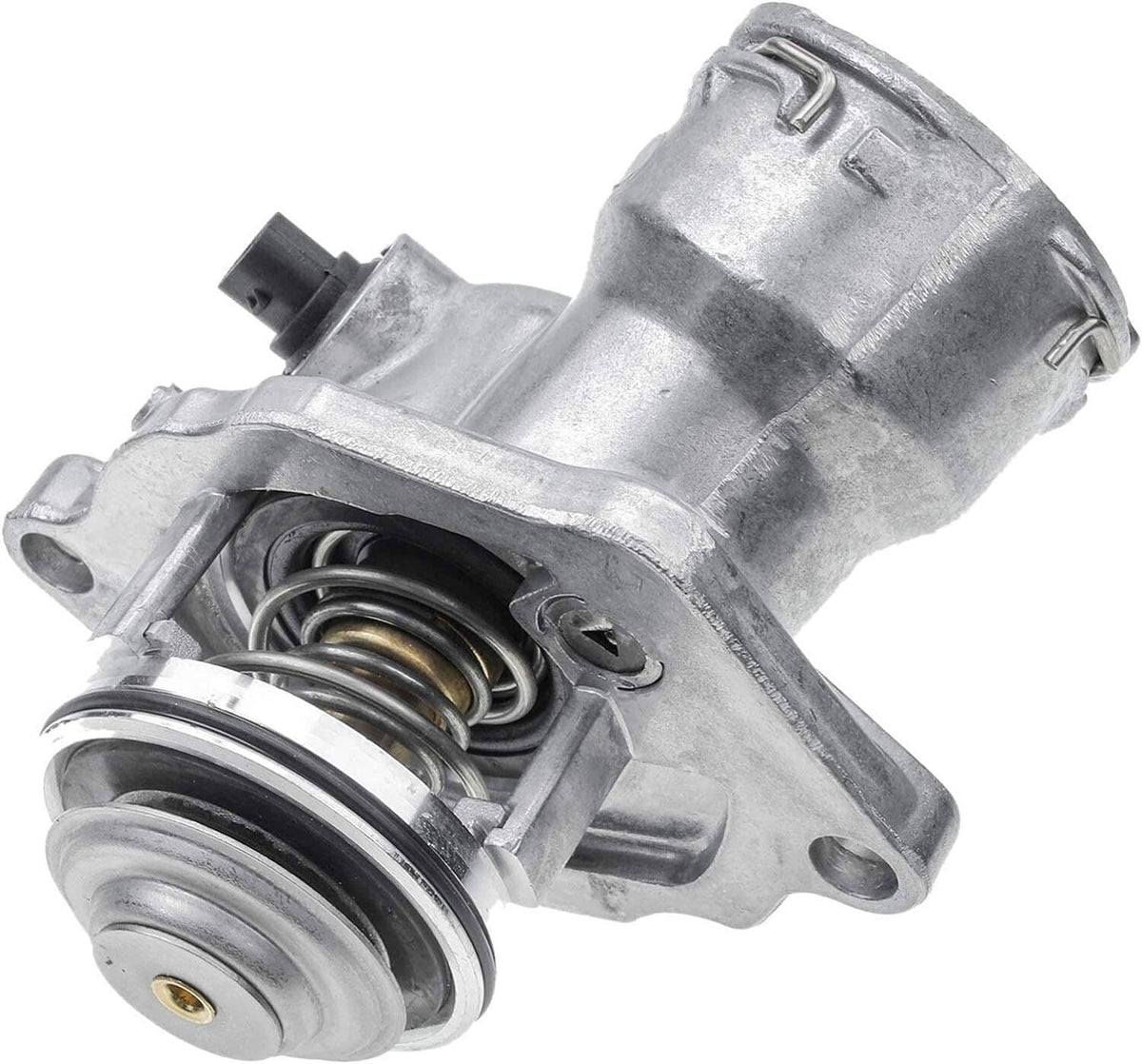Engine coolant thermostat assembly with sensor, metal housing and spring valve