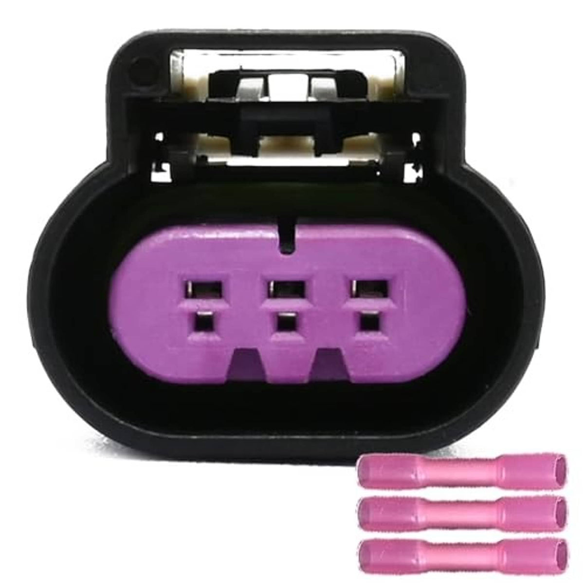 Purple 3-pin connector with black housing and three purple wire leads