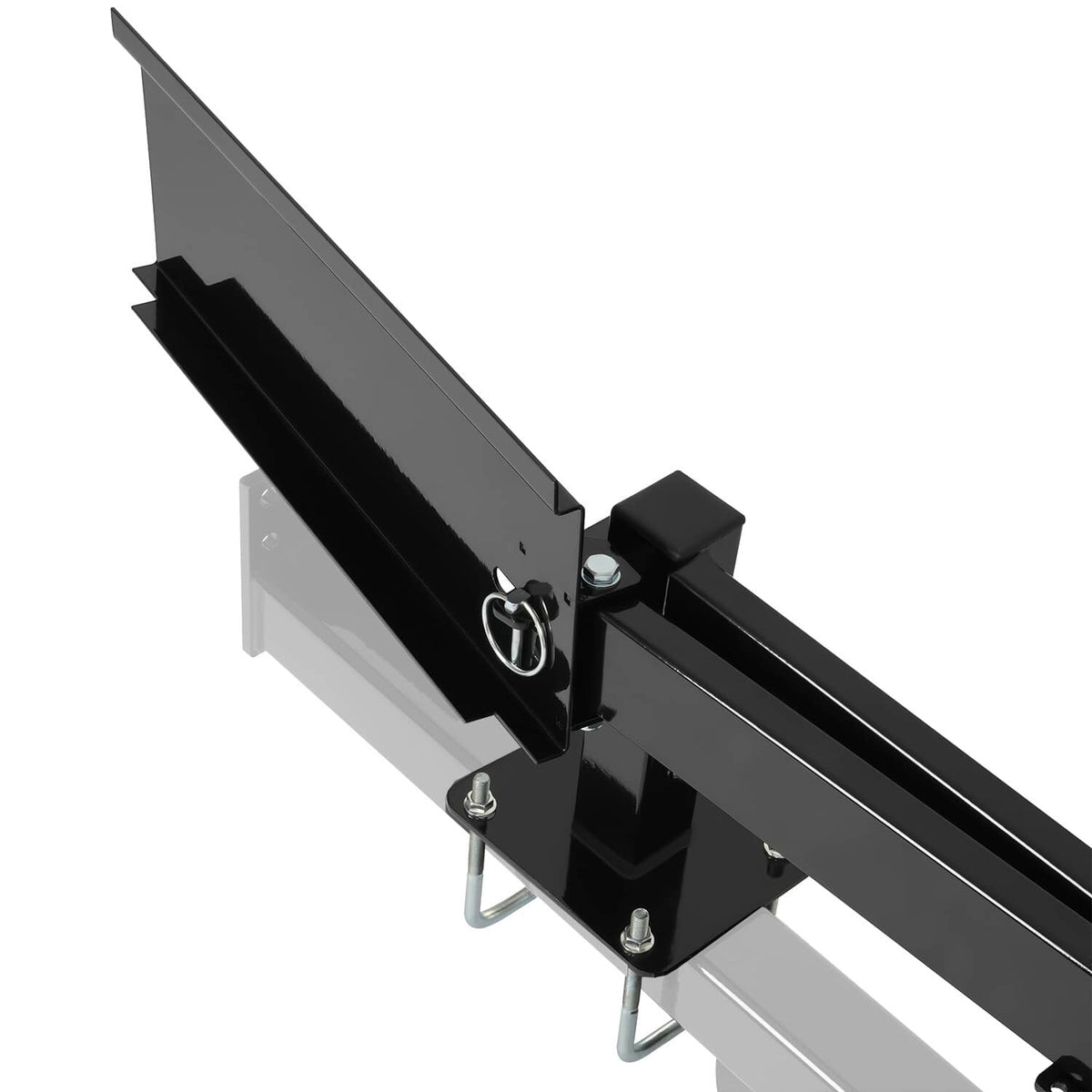 Black bumper-mounted swing arm with pivot arm and fasteners, angled view