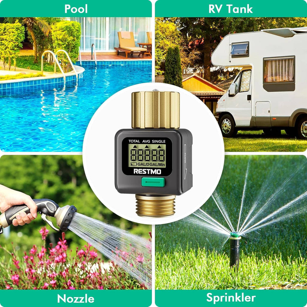 Water flow meter with brass threaded inlet, LCD readout and green button