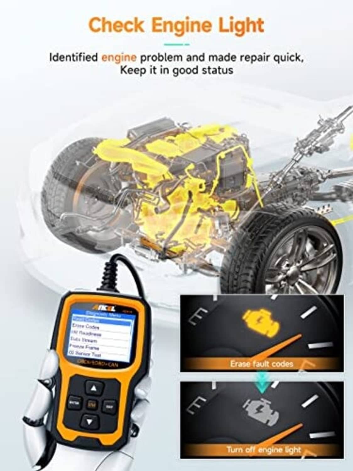 ANCEL AD410 OBD2 scanner with screen and cable near engine bay artwork